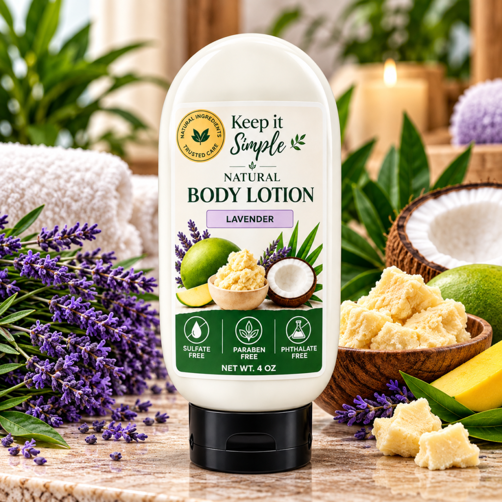 Lavender Body Lotion 4 oz squeeze tube with raw mango butter coconut oil and lavender essential oil
