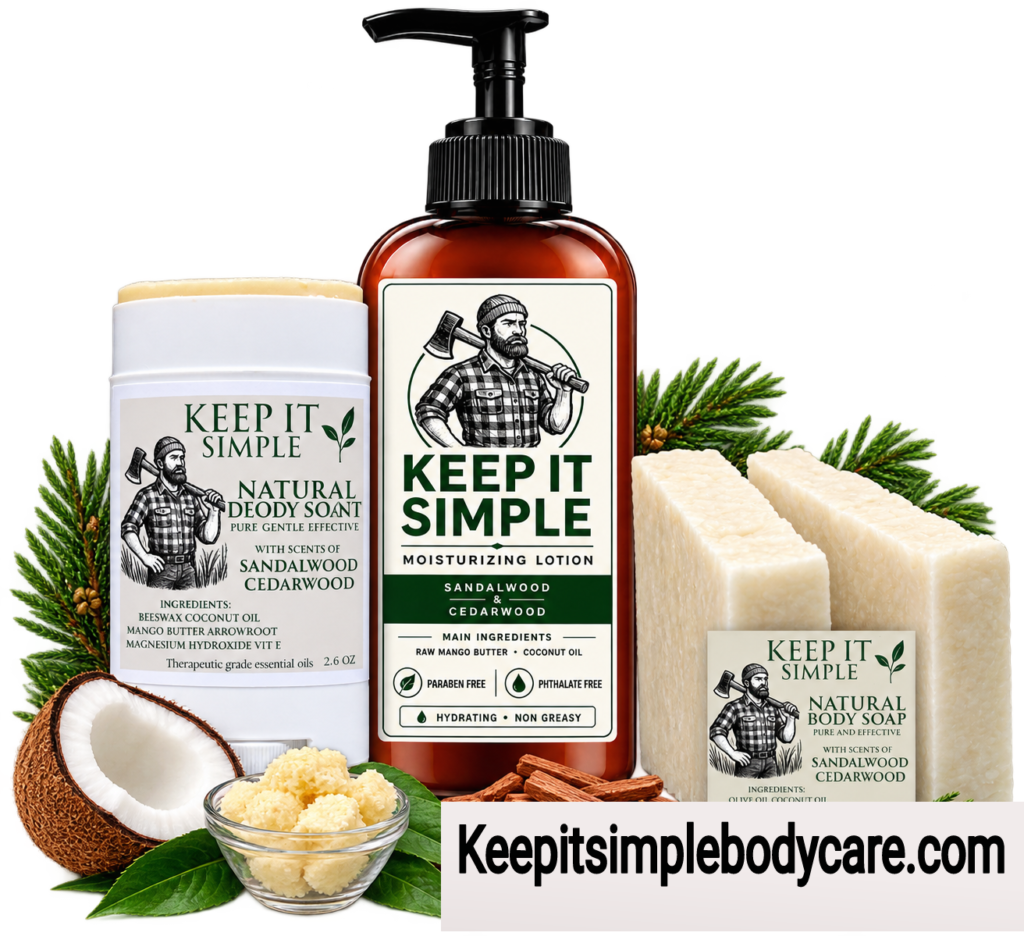 The Woodsman Bundle men's Sandalwood Cedarwood body care with lotion, natural deodorant and two soap bars