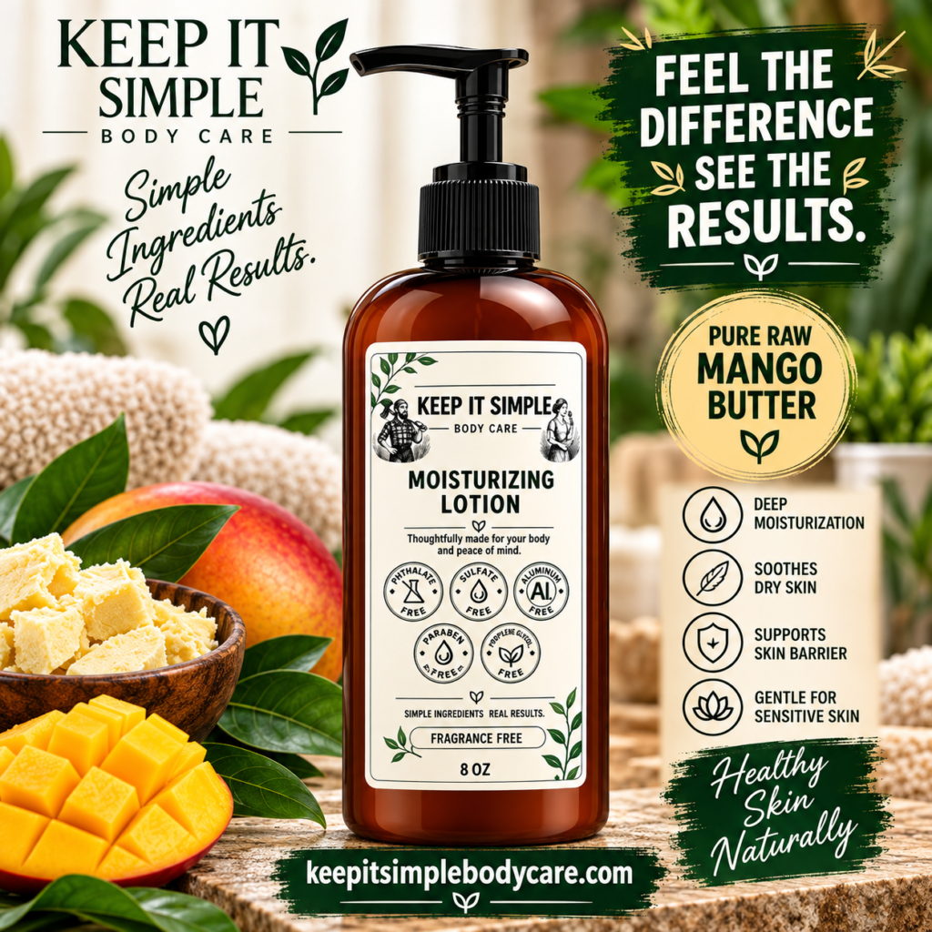Fragrance Free Body Lotion with Raw Mango Butter and Coconut Oil 8 oz pump bottle