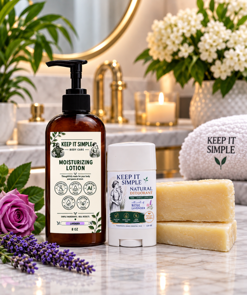 The Botanical Bundle women's natural body care bundle with Lavender Rose lotion deodorant and two soap bars
