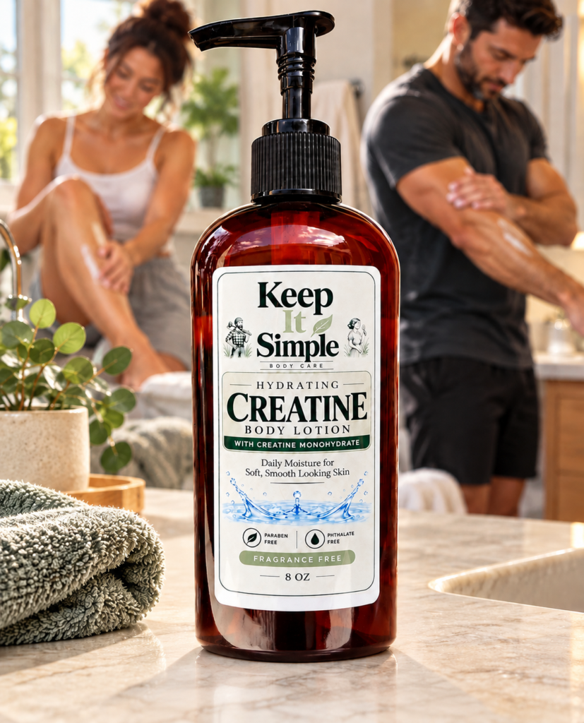 Hydrating Creatine Body Lotion 8 oz fragrance-free moisturizer with raw mango butter for daily and post shave skin care
